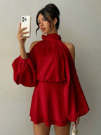 Aloruh Women's New Apricot Solid Color Mini Dress, Long Sleeve, Lantern Sleeve Design, A-Line Dress, Party Dress, Date Dress, Afternoon Tea Dress, Autumn/Winter New Year's Outfit For Women,Spring Outfit Women