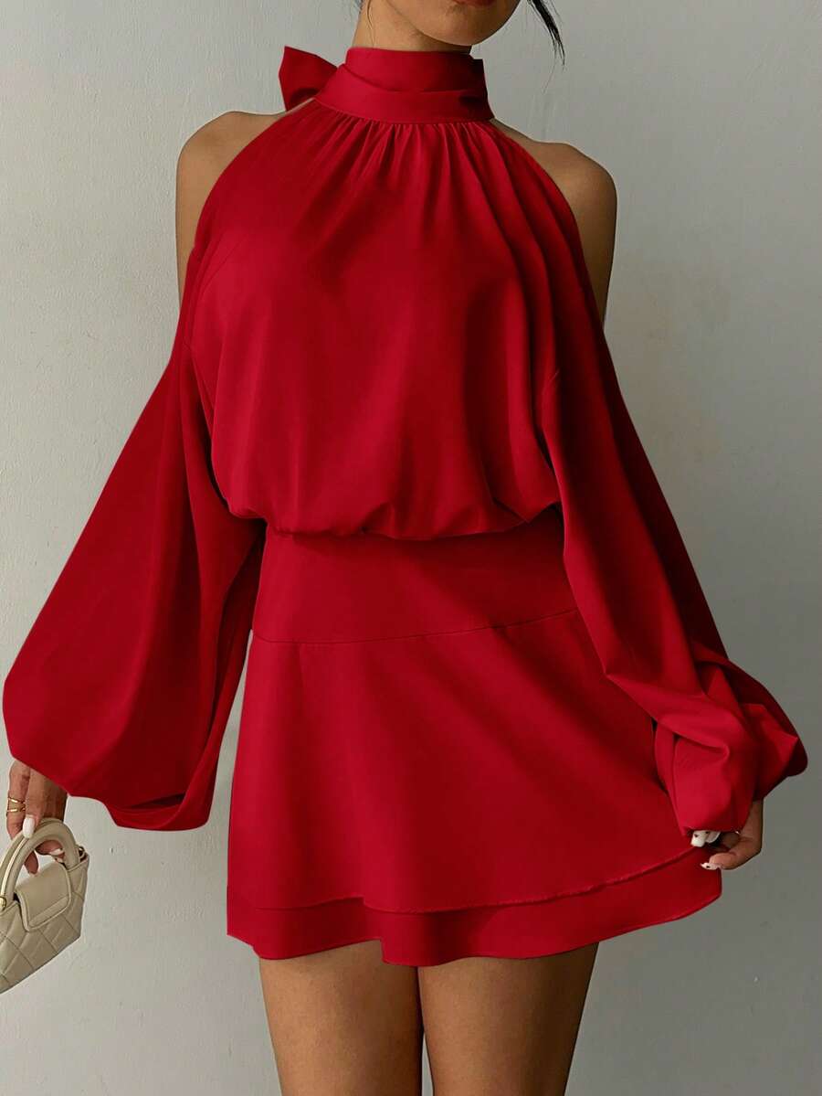 Aloruh Women's New Apricot Solid Color Mini Dress, Long Sleeve, Lantern Sleeve Design, A-Line Dress, Party Dress, Date Dress, Afternoon Tea Dress, Autumn/Winter New Year's Outfit For Women,Spring Outfit Women