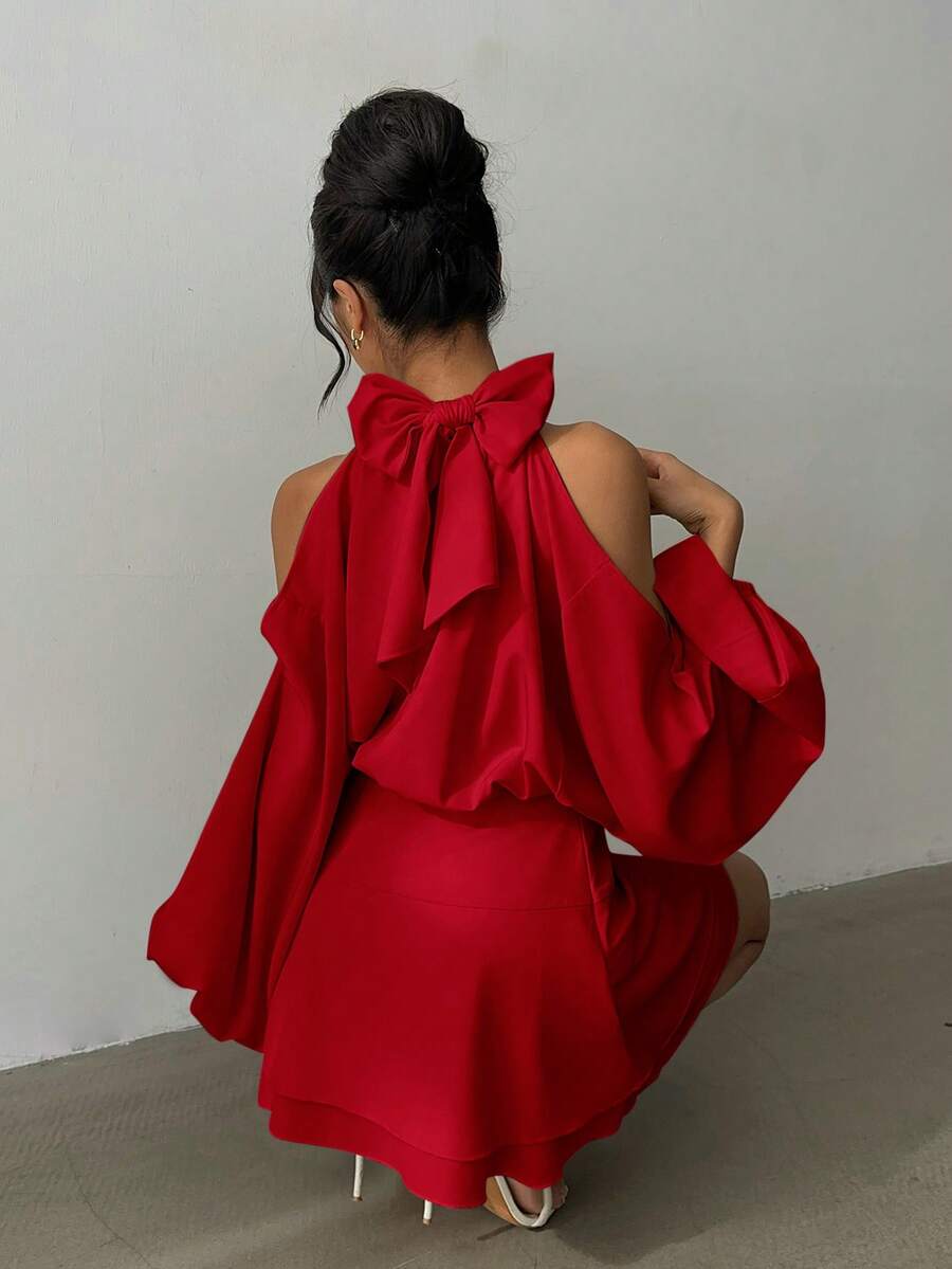 Aloruh Women's New Apricot Solid Color Mini Dress, Long Sleeve, Lantern Sleeve Design, A-Line Dress, Party Dress, Date Dress, Afternoon Tea Dress, Autumn/Winter New Year's Outfit For Women,Spring Outfit Women