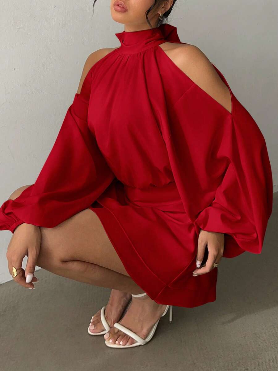 Aloruh Women's New Apricot Solid Color Mini Dress, Long Sleeve, Lantern Sleeve Design, A-Line Dress, Party Dress, Date Dress, Afternoon Tea Dress, Autumn/Winter New Year's Outfit For Women,Spring Outfit Women
