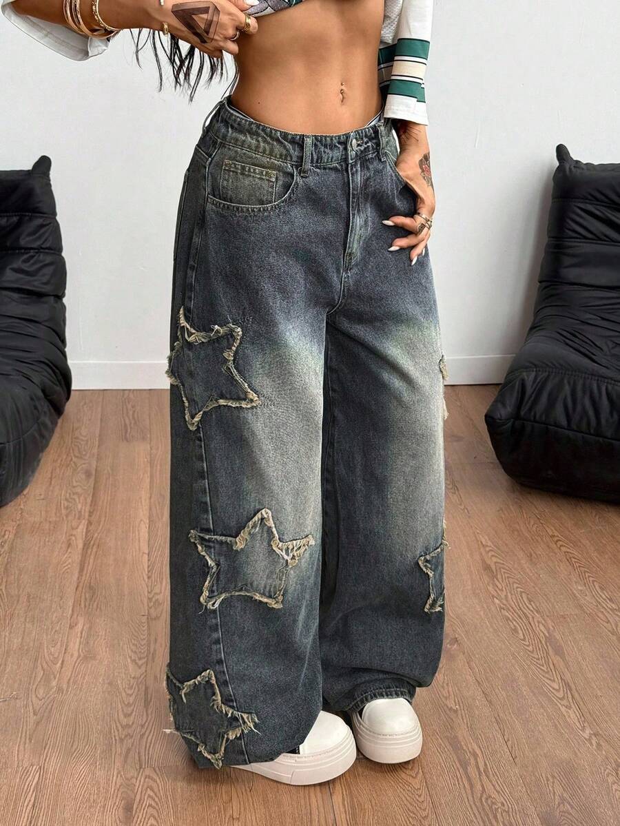 Coolane Women's Winter/All-Season Streetwear  Hippie   Music Festival Party Casual Preppy Vintage Basic Star Patched Washed Comfortable Black Baggy  Jeans