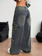 Coolane Women's Winter/All-Season Streetwear  Hippie   Music Festival Party Casual Preppy Vintage Basic Star Patched Washed Comfortable Black Baggy  Jeans