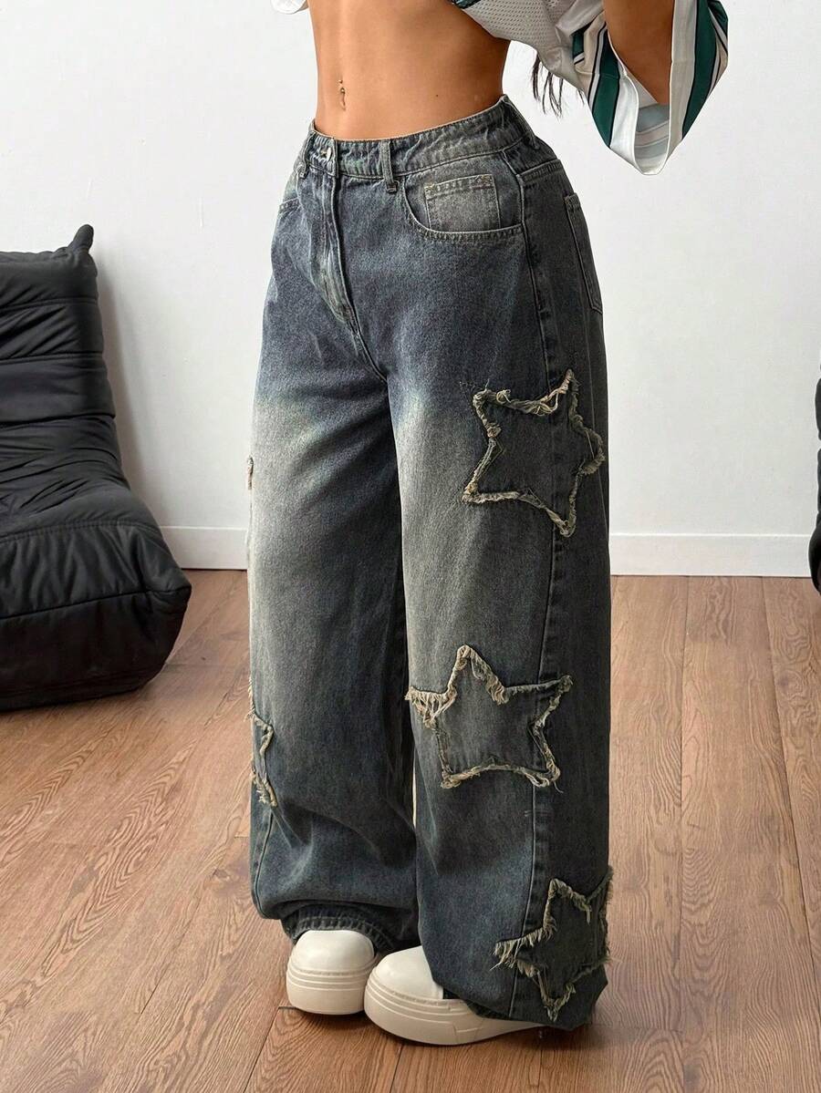 Coolane Women's Winter/All-Season Streetwear  Hippie   Music Festival Party Casual Preppy Vintage Basic Star Patched Washed Comfortable Black Baggy  Jeans