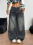Coolane Women's Winter/All-Season Streetwear  Hippie   Music Festival Party Casual Preppy Vintage Basic Star Patched Washed Comfortable Black Baggy  Jeans