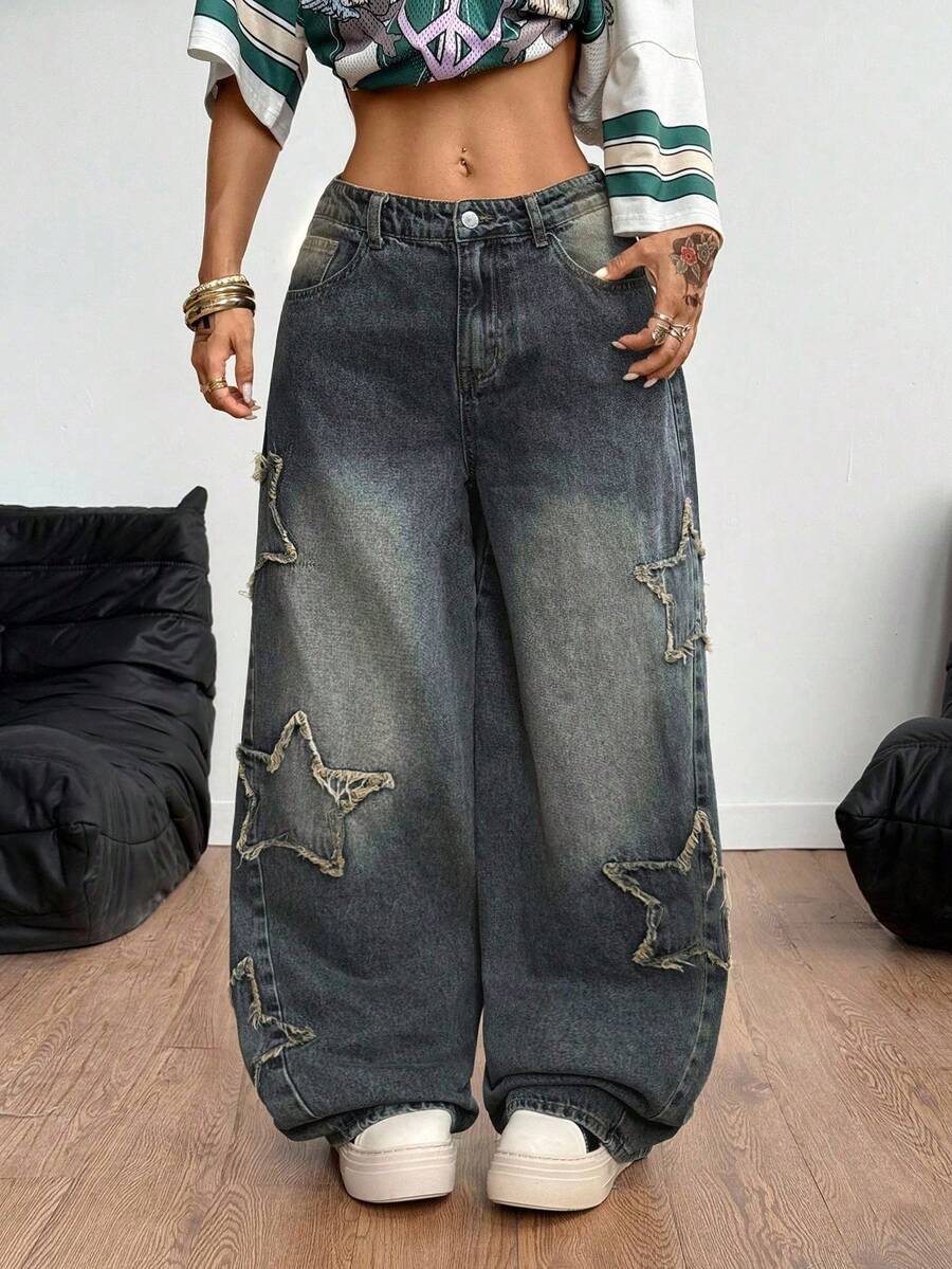 Coolane Women's Winter/All-Season Streetwear  Hippie   Music Festival Party Casual Preppy Vintage Basic Star Patched Washed Comfortable Black Baggy  Jeans