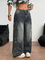 Coolane Women's Winter/All-Season Streetwear  Hippie   Music Festival Party Casual Preppy Vintage Basic Star Patched Washed Comfortable Black Baggy  Jeans