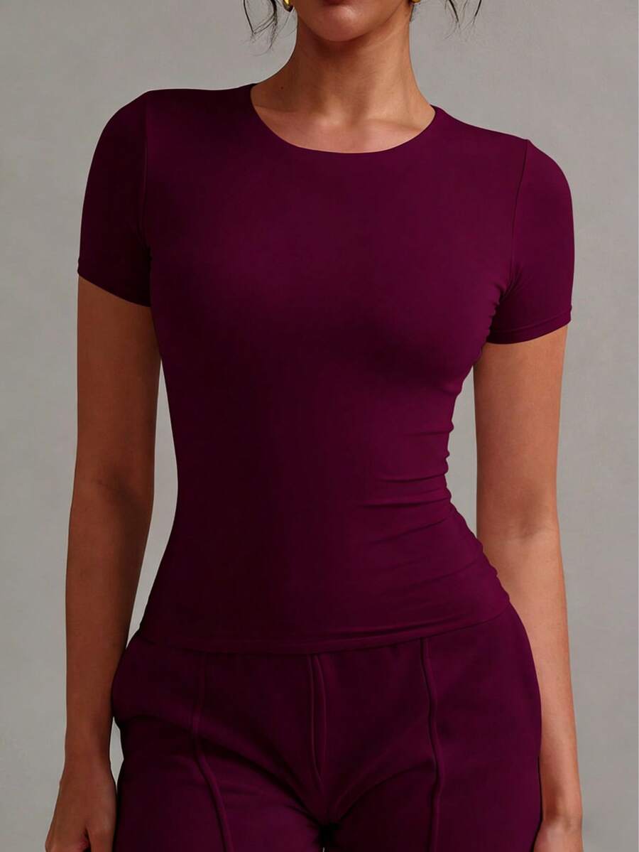 XLLAIS 2025 Model Black Short Sleeve Crew Neck Solid Color Basic Fitted Casual T-Shirt For Women, Summer