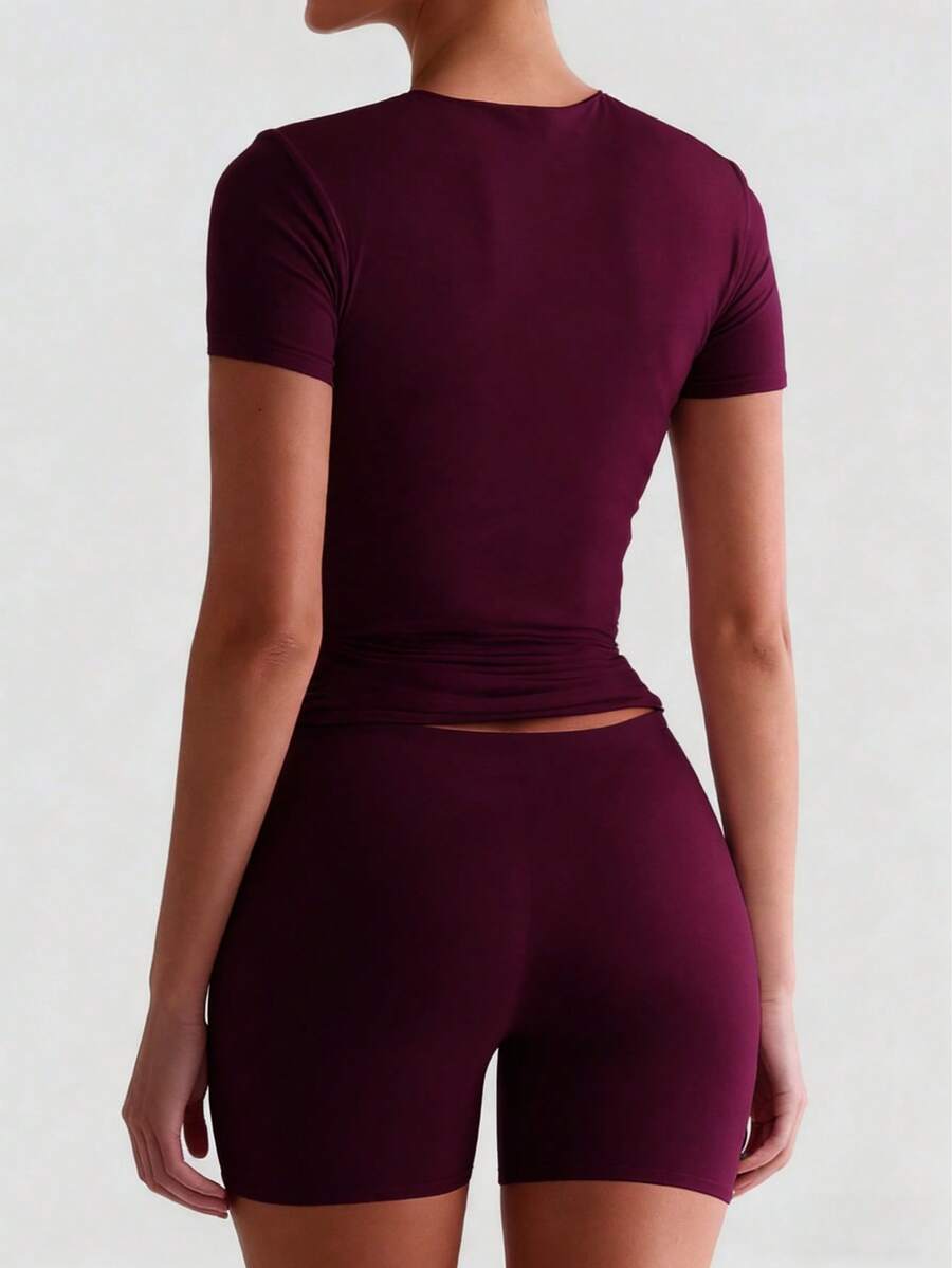 XLLAIS 2025 Model Black Short Sleeve Crew Neck Solid Color Basic Fitted Casual T-Shirt For Women, Summer