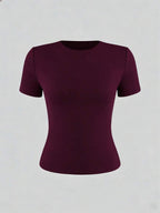 XLLAIS 2025 Model Black Short Sleeve Crew Neck Solid Color Basic Fitted Casual T-Shirt For Women, Summer