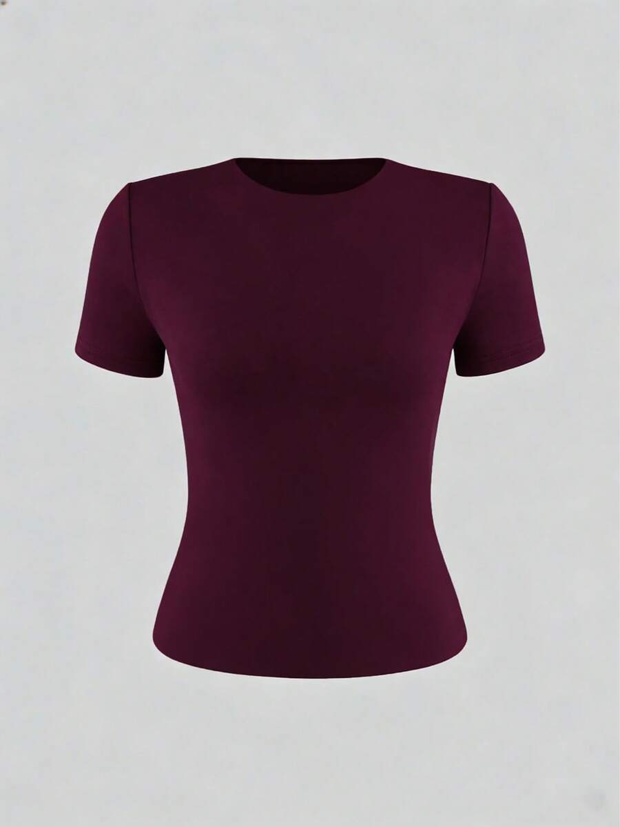 XLLAIS 2025 Model Black Short Sleeve Crew Neck Solid Color Basic Fitted Casual T-Shirt For Women, Summer