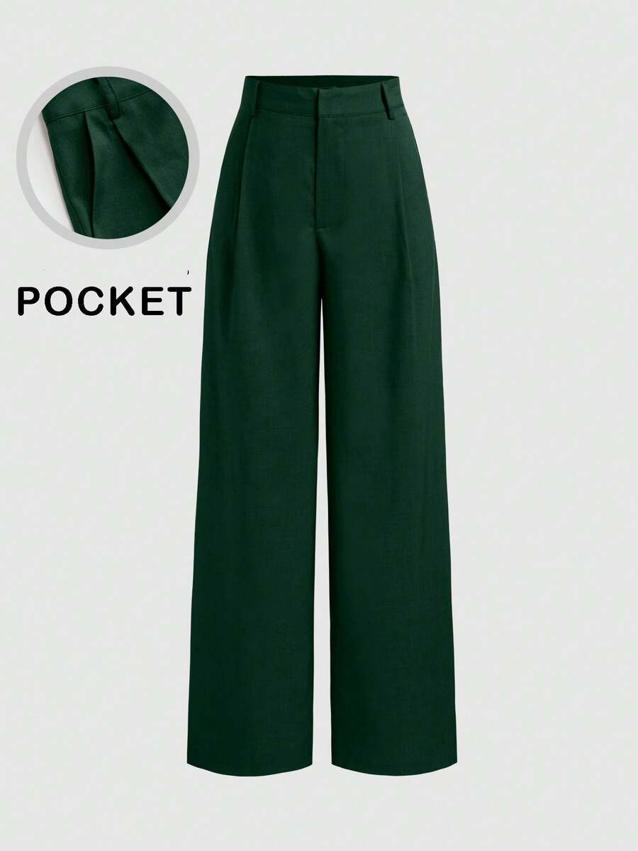 Vela Rue Minimalist Design Jumpsuit Pants, Hook & Zipper Closure, Thin Solid Green Straight Leg Trousers, Flattering Wide Leg, Fashionable All Season