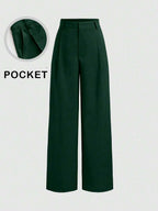 Vela Rue Minimalist Design Jumpsuit Pants, Hook & Zipper Closure, Thin Solid Green Straight Leg Trousers, Flattering Wide Leg, Fashionable All Season