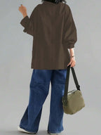 Women's Casual High Neck Loose Pullover Sweater, Solid Color Woven Fabric, Button Decor, Suitable For Office, Daily Wear, Vacation, Spring/Autumn
