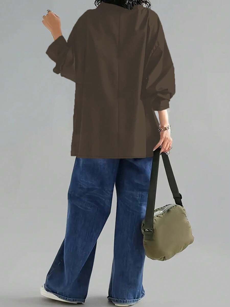 Women's Casual High Neck Loose Pullover Sweater, Solid Color Woven Fabric, Button Decor, Suitable For Office, Daily Wear, Vacation, Spring/Autumn