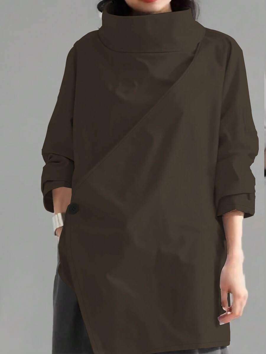 Women's Casual High Neck Loose Pullover Sweater, Solid Color Woven Fabric, Button Decor, Suitable For Office, Daily Wear, Vacation, Spring/Autumn