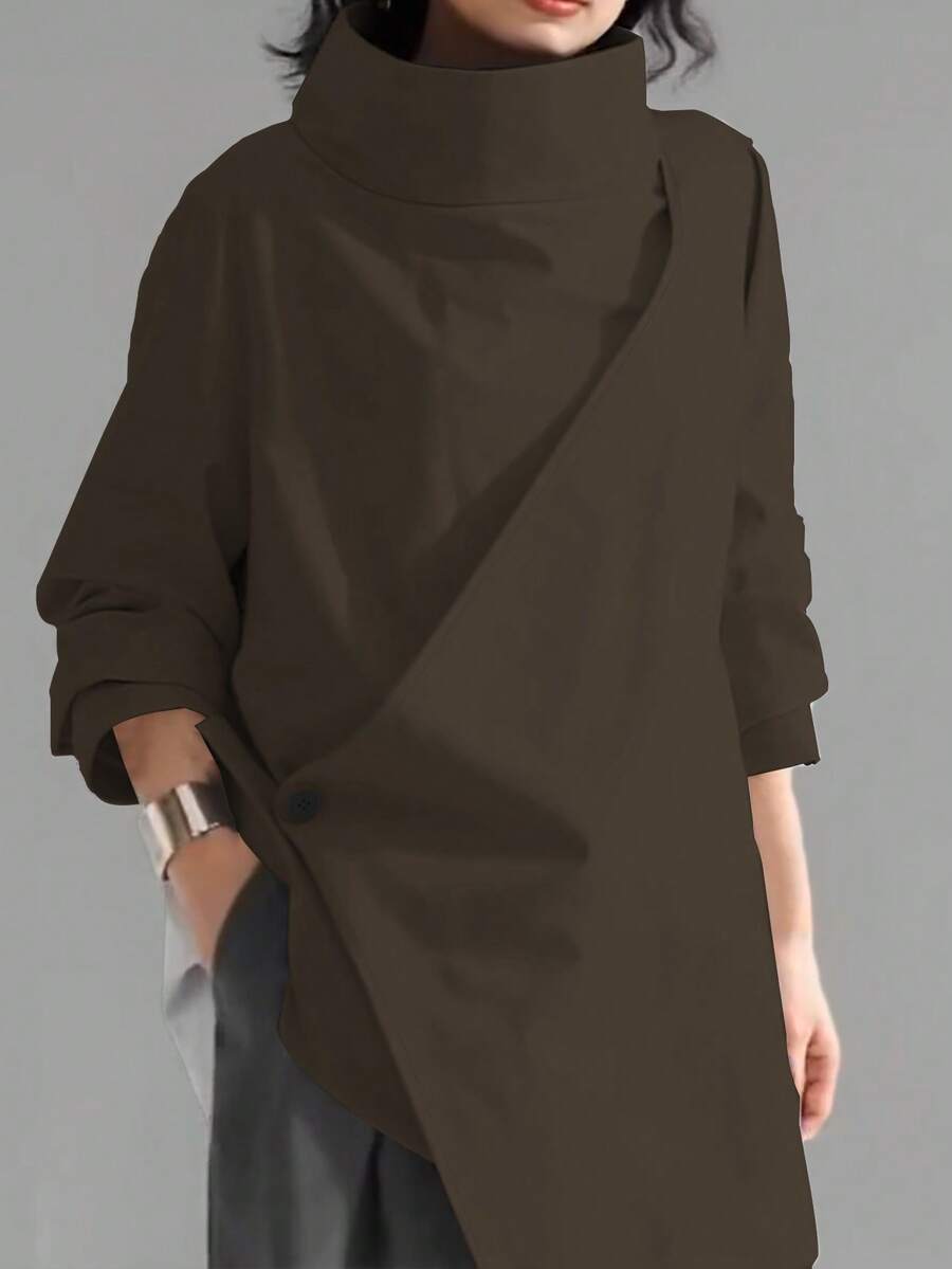 Women's Casual High Neck Loose Pullover Sweater, Solid Color Woven Fabric, Button Decor, Suitable For Office, Daily Wear, Vacation, Spring/Autumn