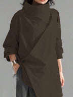 Women's Casual High Neck Loose Pullover Sweater, Solid Color Woven Fabric, Button Decor, Suitable For Office, Daily Wear, Vacation, Spring/Autumn
