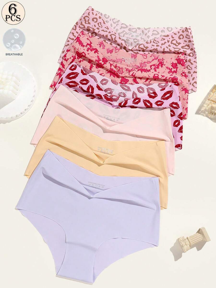 Aofeiqike 6pcs High Waist Plus Size Women Briefs, Sexy Seamless Breathable Ice Silk Panties, Comfortable Soft Hipster Underwear