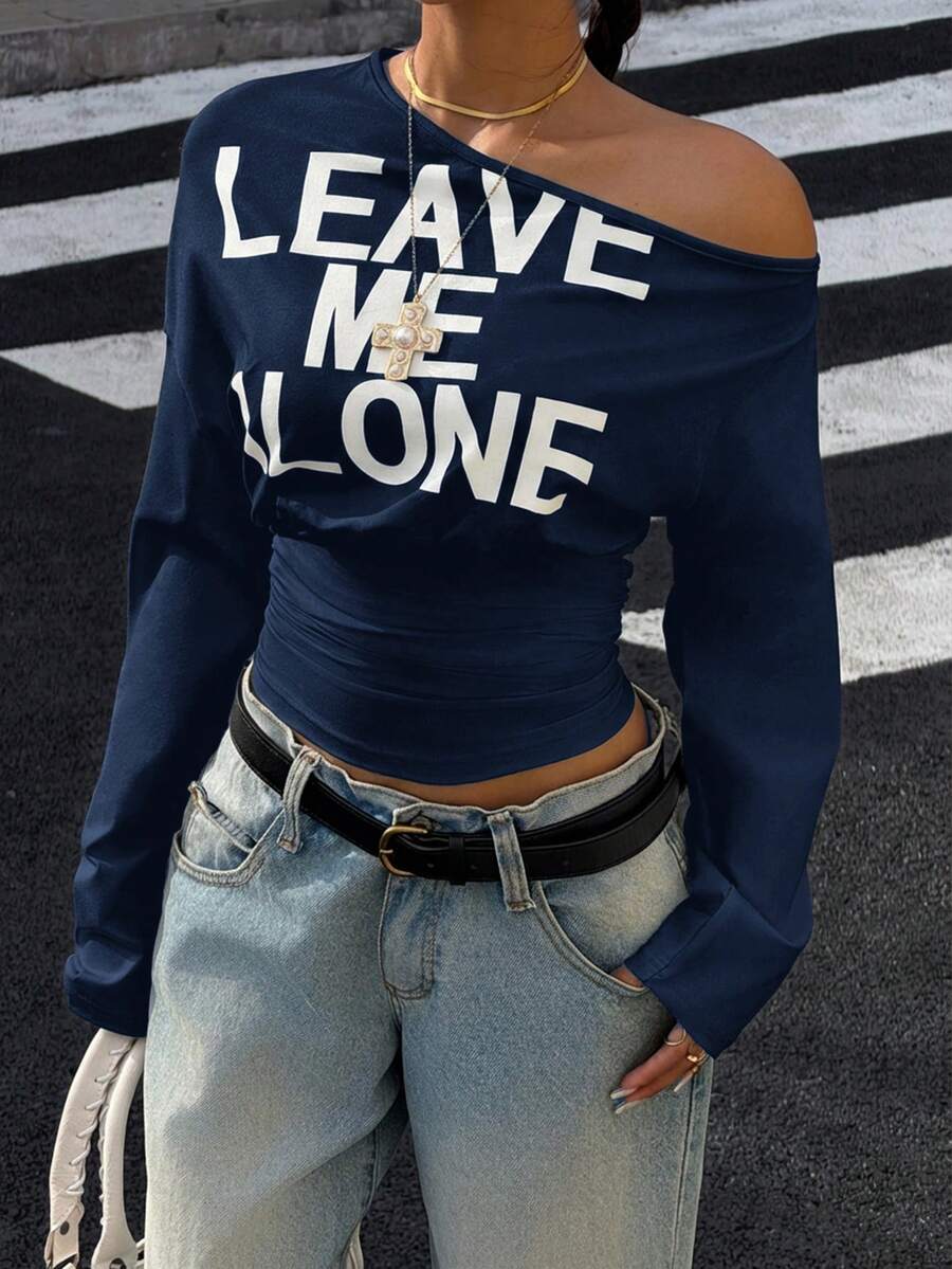 Muchica Women's White Letter Print Oblique Shoulder Cinched Waist Cropped Long Sleeve T-Shirt For Going Out Outfits, Streetwear, Y2K Clothes