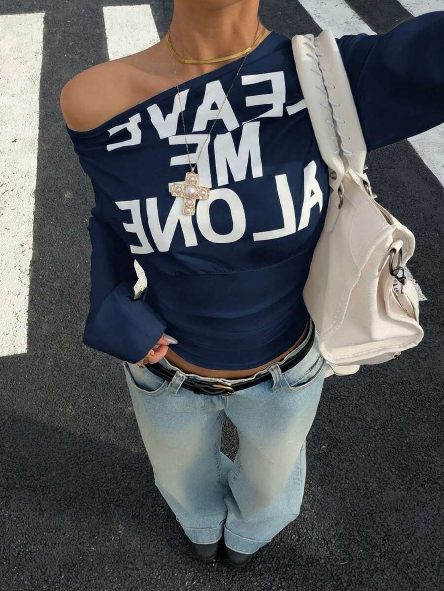 Muchica Women's White Letter Print Oblique Shoulder Cinched Waist Cropped Long Sleeve T-Shirt For Going Out Outfits, Streetwear, Y2K Clothes
