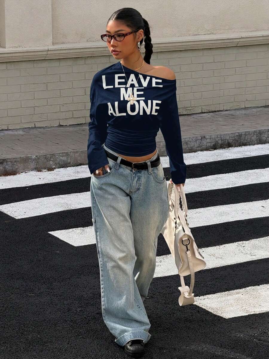 Muchica Women's White Letter Print Oblique Shoulder Cinched Waist Cropped Long Sleeve T-Shirt For Going Out Outfits, Streetwear, Y2K Clothes