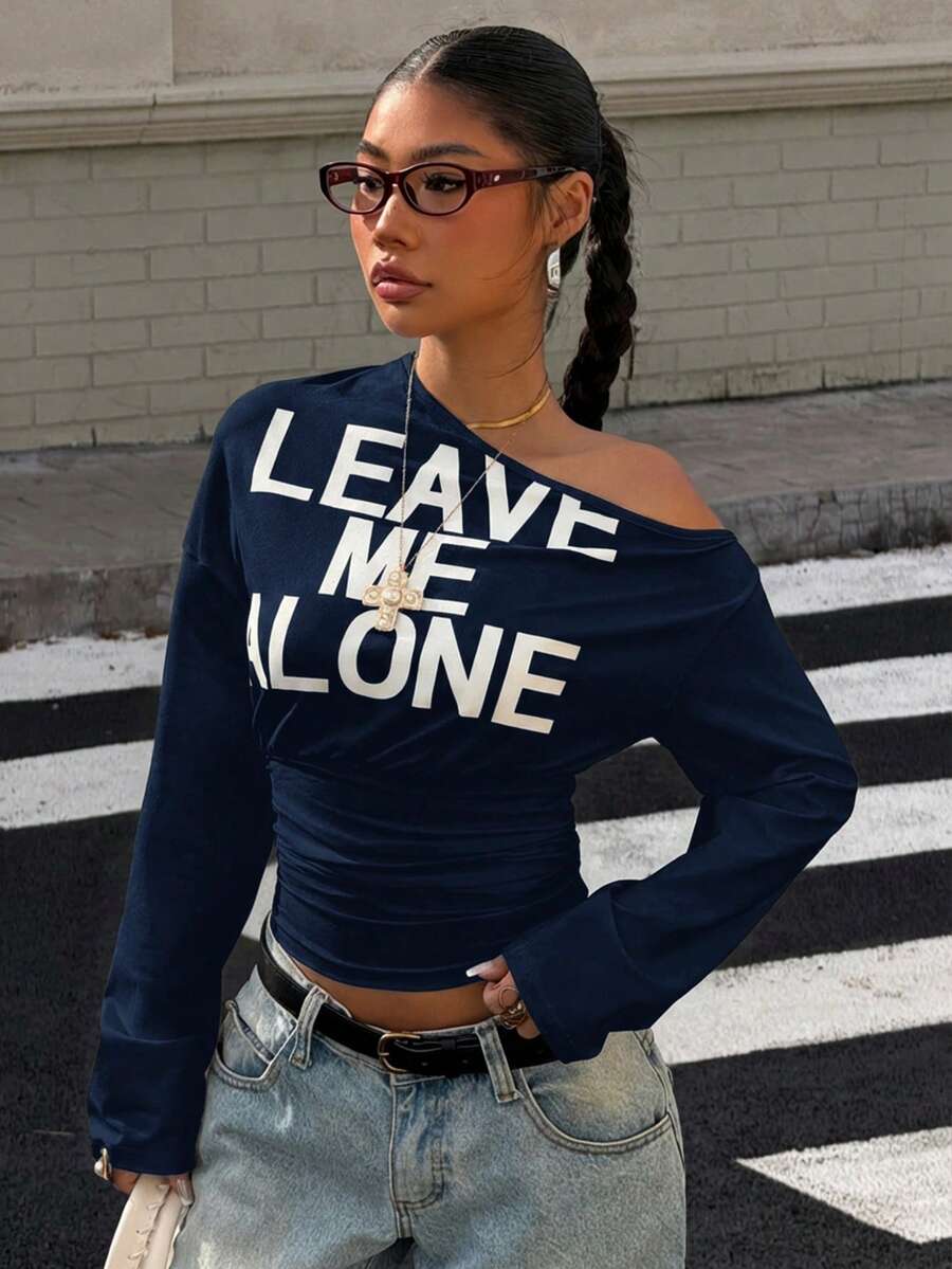 Muchica Women's White Letter Print Oblique Shoulder Cinched Waist Cropped Long Sleeve T-Shirt For Going Out Outfits, Streetwear, Y2K Clothes