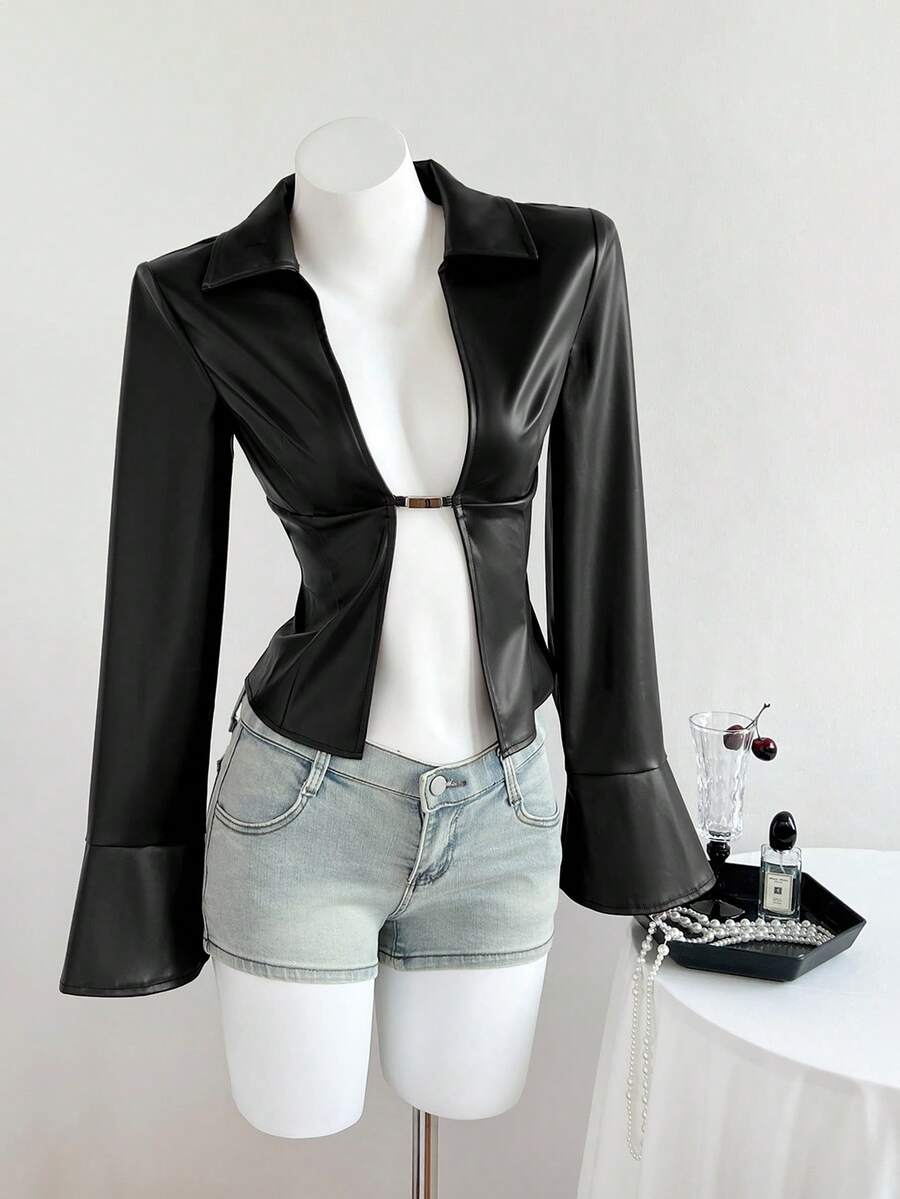 Elamini Women's New Sexy V-Neck Long Sleeve Blouse, Metal Hook Closure And Ruffle Sleeve Design. Striped Print Ruffle Sleeve Shirt, Long Sleeve Top