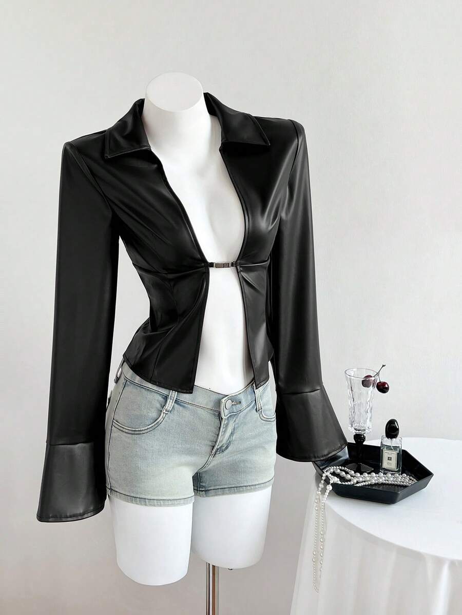 Elamini Women's New Sexy V-Neck Long Sleeve Blouse, Metal Hook Closure And Ruffle Sleeve Design. Striped Print Ruffle Sleeve Shirt, Long Sleeve Top