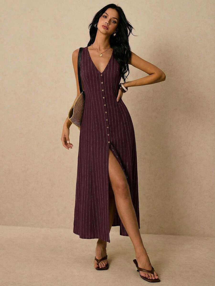Poéselle Women's Dresses Linen Dresses Tie Back Waist Button Placket Striped Dress Vest Dress Boho Holiday Women's Sleeveless Striped Dress Casual Vacation Y2k Clothes Country Concert Outfit Old Money Streetwear Going Out Outfits Vintage