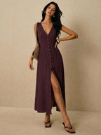 Poéselle Women's Dresses Linen Dresses Tie Back Waist Button Placket Striped Dress Vest Dress Boho Holiday Women's Sleeveless Striped Dress Casual Vacation Y2k Clothes Country Concert Outfit Old Money Streetwear Going Out Outfits Vintage