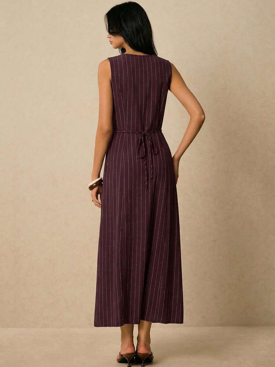 Poéselle Women's Dresses Linen Dresses Tie Back Waist Button Placket Striped Dress Vest Dress Boho Holiday Women's Sleeveless Striped Dress Casual Vacation Y2k Clothes Country Concert Outfit Old Money Streetwear Going Out Outfits Vintage