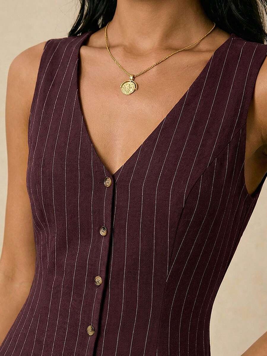 Poéselle Women's Dresses Linen Dresses Tie Back Waist Button Placket Striped Dress Vest Dress Boho Holiday Women's Sleeveless Striped Dress Casual Vacation Y2k Clothes Country Concert Outfit Old Money Streetwear Going Out Outfits Vintage