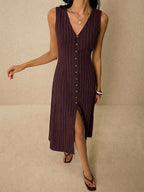 Poéselle Women's Dresses Linen Dresses Tie Back Waist Button Placket Striped Dress Vest Dress Boho Holiday Women's Sleeveless Striped Dress Casual Vacation Y2k Clothes Country Concert Outfit Old Money Streetwear Going Out Outfits Vintage
