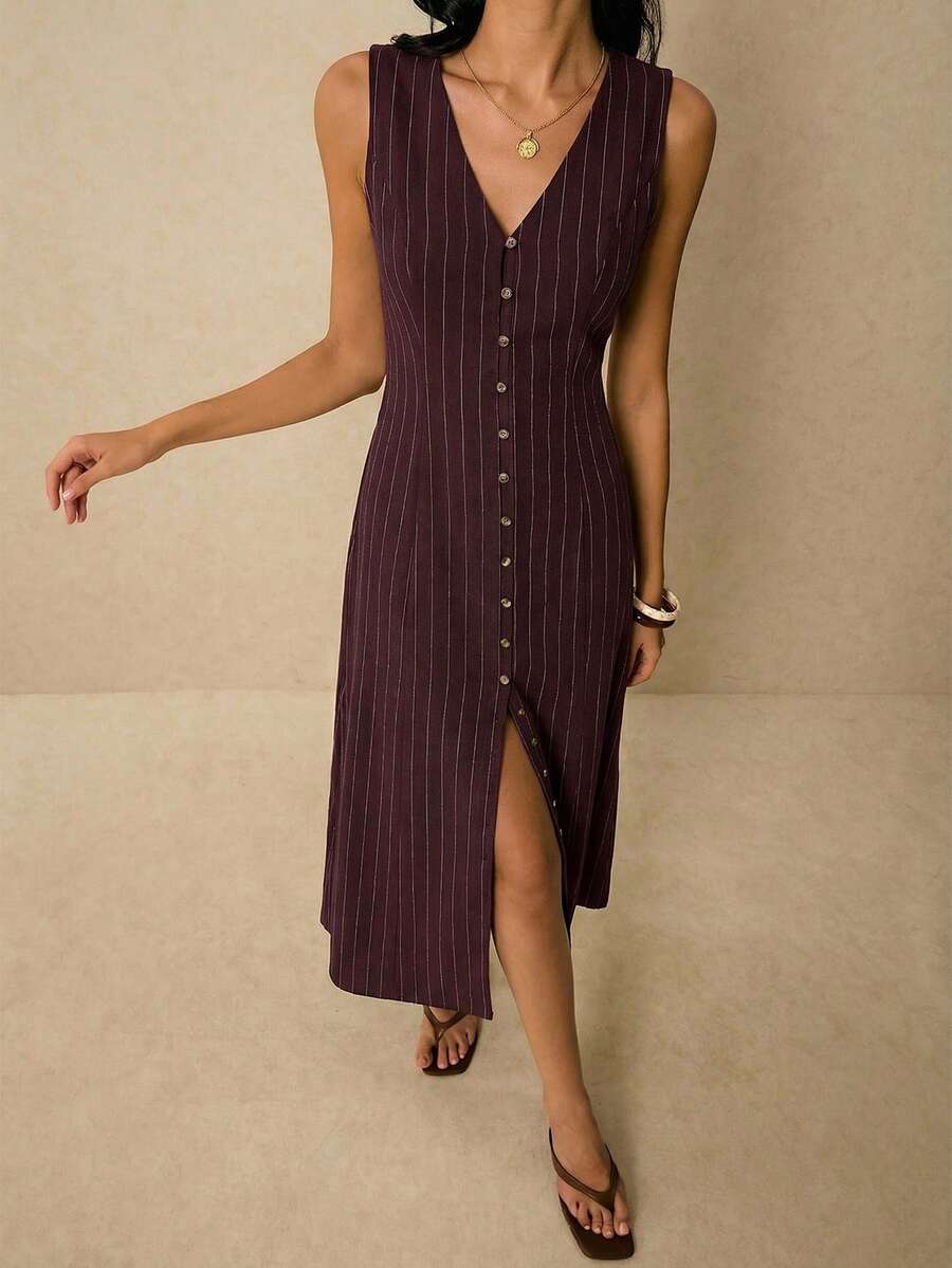 Poéselle Women's Dresses Linen Dresses Tie Back Waist Button Placket Striped Dress Vest Dress Boho Holiday Women's Sleeveless Striped Dress Casual Vacation Y2k Clothes Country Concert Outfit Old Money Streetwear Going Out Outfits Vintage