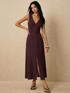 Poéselle Women's Dresses Linen Dresses Tie Back Waist Button Placket Striped Dress Vest Dress Boho Holiday Women's Sleeveless Striped Dress Casual Vacation Y2k Clothes Country Concert Outfit Old Money Streetwear Going Out Outfits Vintage