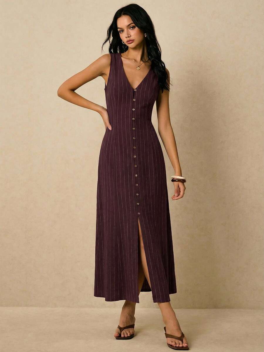 Poéselle Women's Dresses Linen Dresses Tie Back Waist Button Placket Striped Dress Vest Dress Boho Holiday Women's Sleeveless Striped Dress Casual Vacation Y2k Clothes Country Concert Outfit Old Money Streetwear Going Out Outfits Vintage