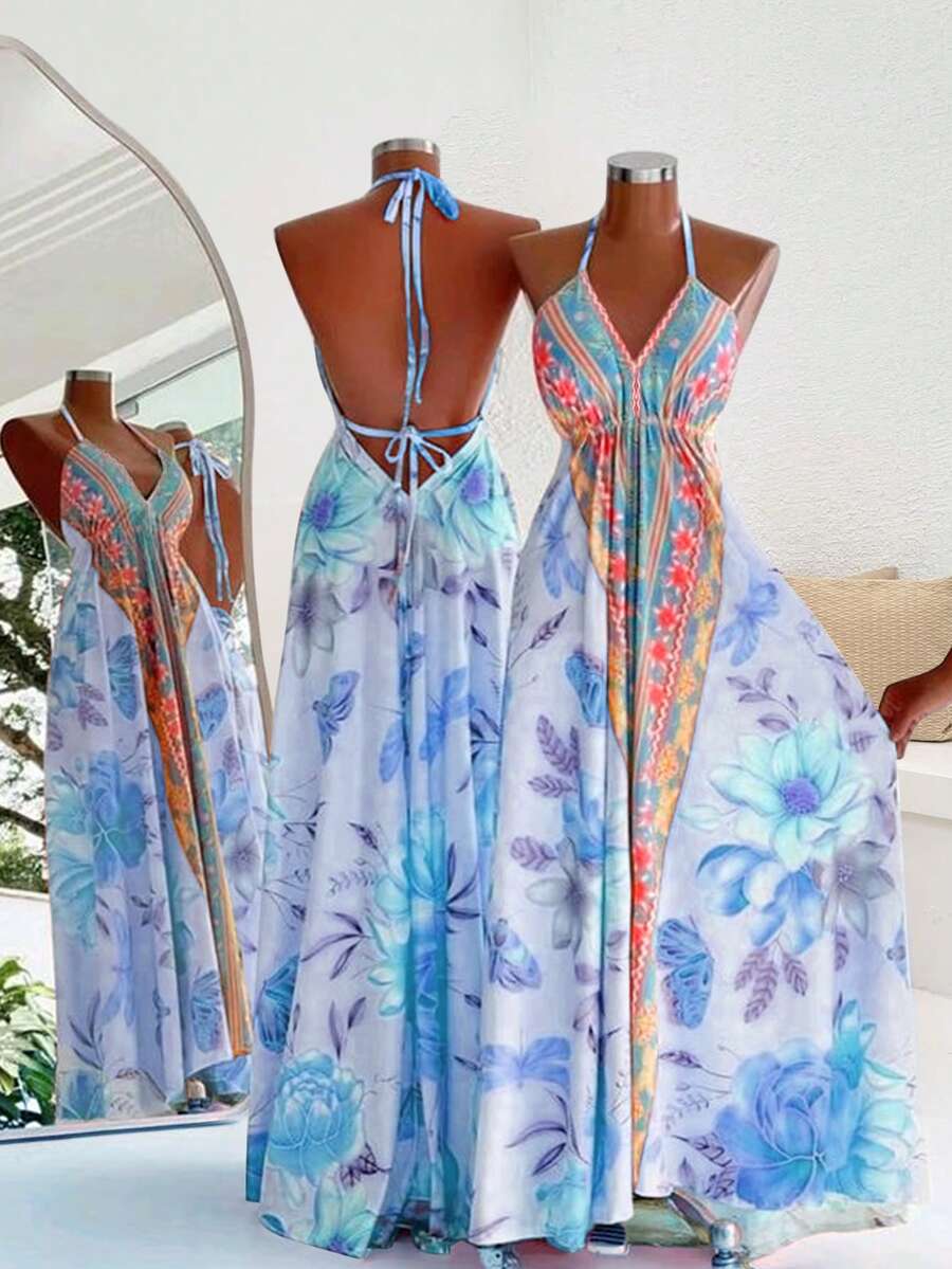 INAWLY Women's Floral Print Backless Halter Maxi Dress, Sexy Beach Vacation Style