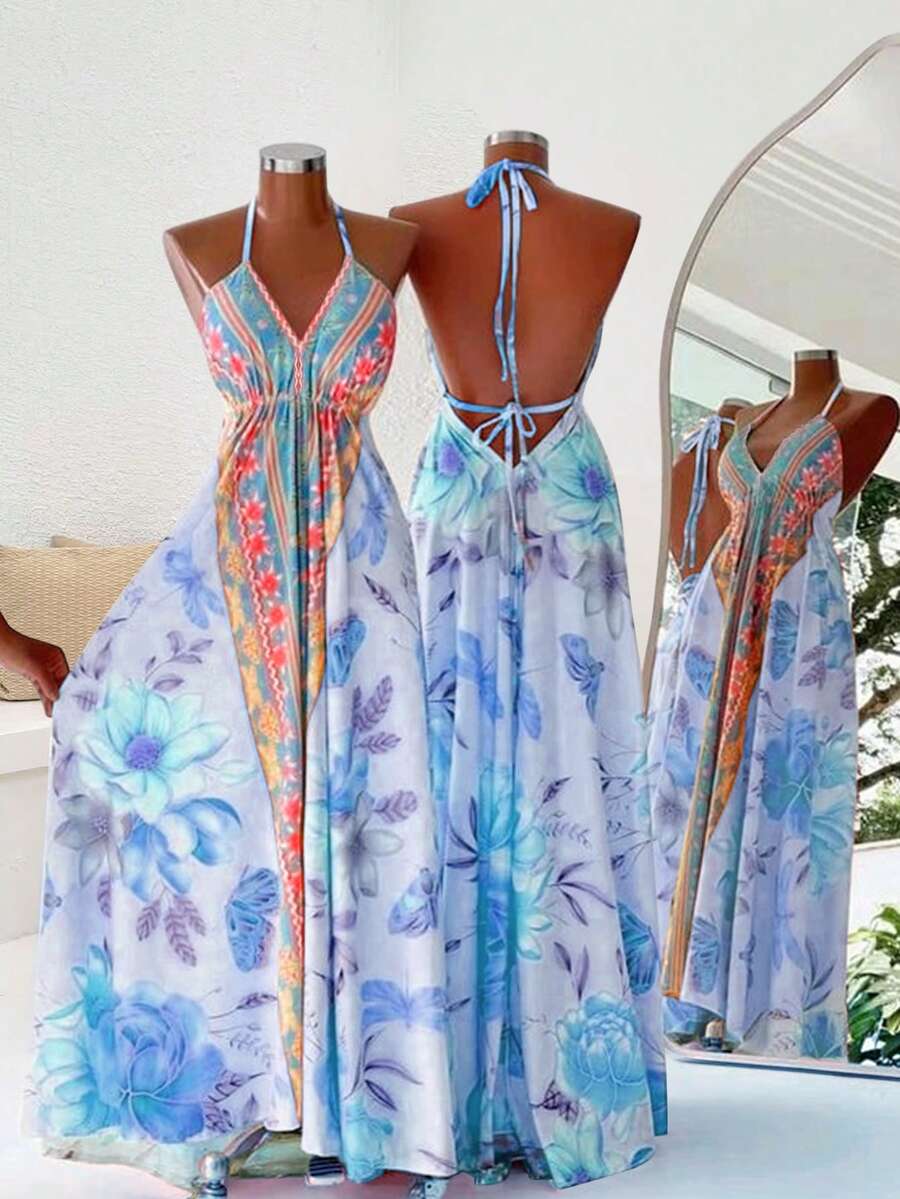INAWLY Women's Floral Print Backless Halter Maxi Dress, Sexy Beach Vacation Style