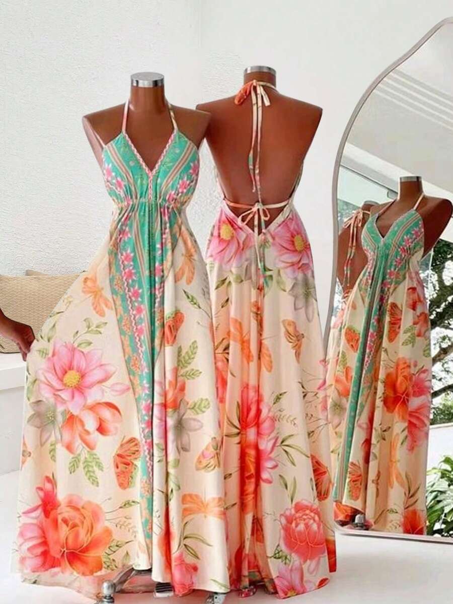 INAWLY Women's Floral Print Backless Halter Maxi Dress, Sexy Beach Vacation Style