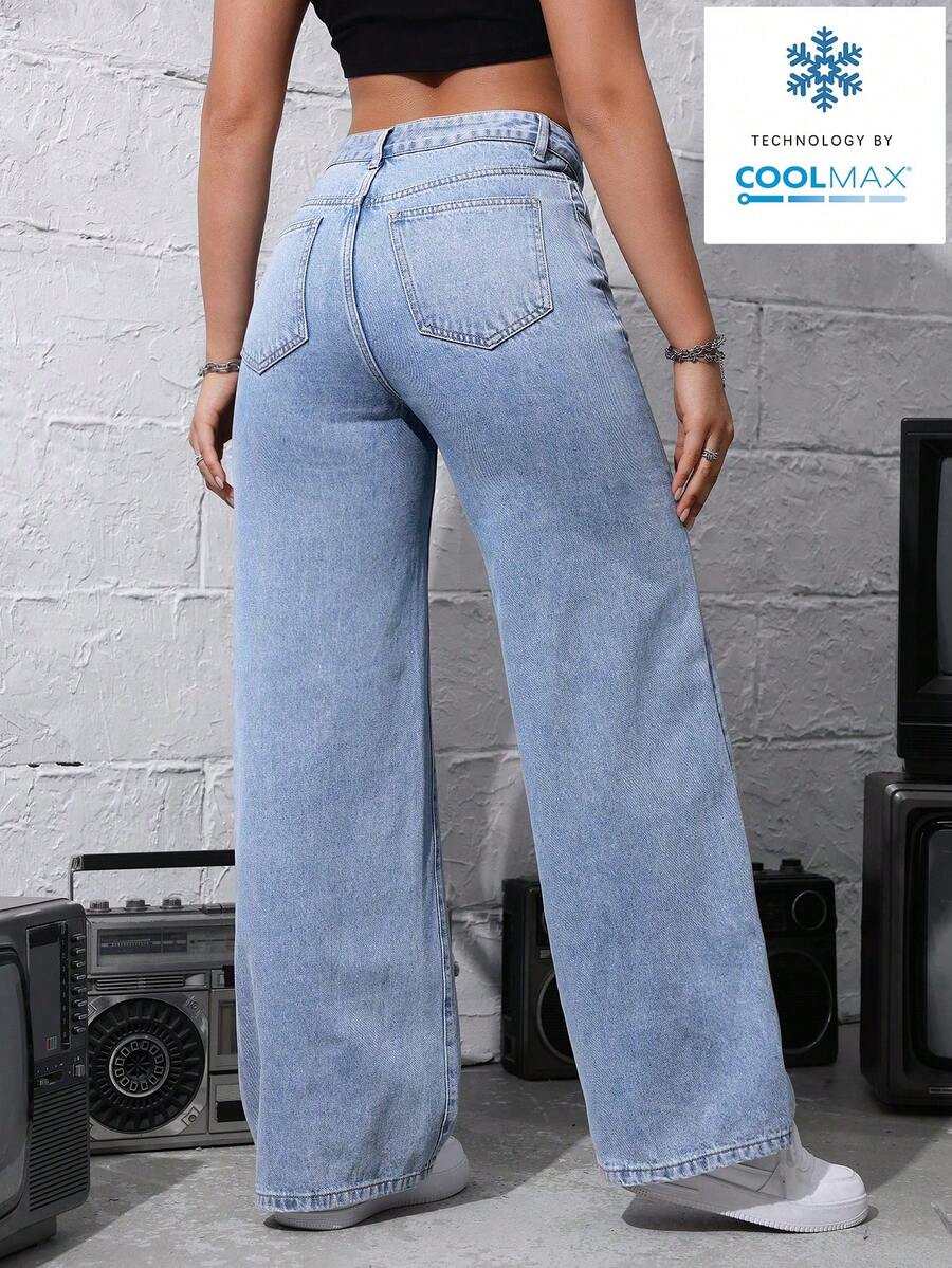 SHEIN ICON Women's Loose Fit Wide Leg Pockets Casual Versatile Jeans Pants