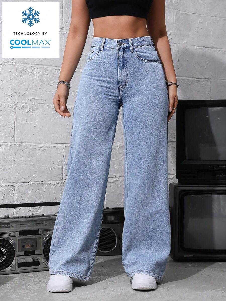 SHEIN ICON Women's Loose Fit Wide Leg Pockets Casual Versatile Jeans Pants