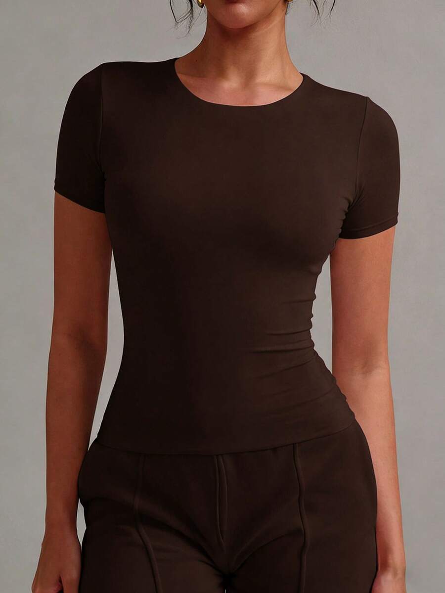 XLLAIS 2025 Model Black Short Sleeve Crew Neck Solid Color Basic Fitted Casual T-Shirt For Women, Summer