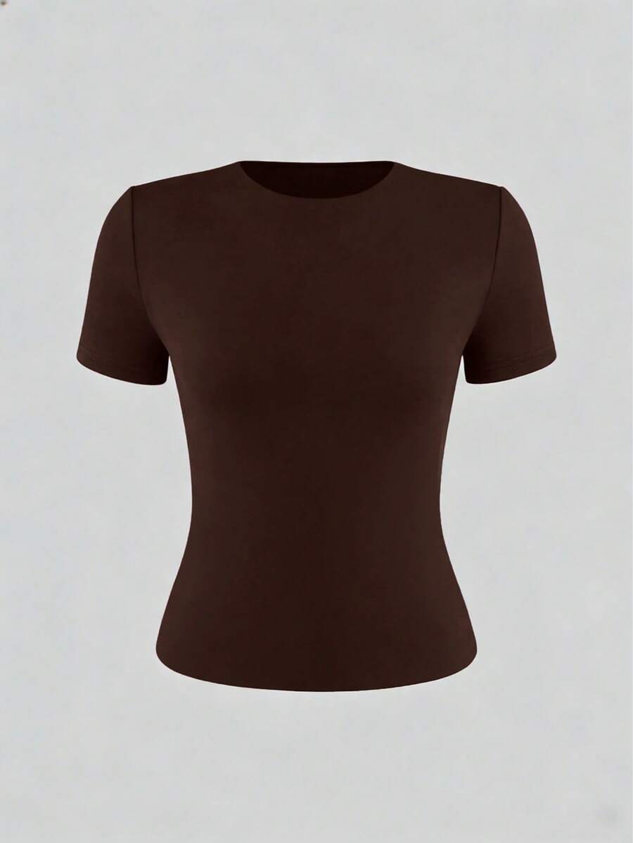 XLLAIS 2025 Model Black Short Sleeve Crew Neck Solid Color Basic Fitted Casual T-Shirt For Women, Summer