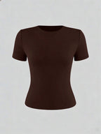 XLLAIS 2025 Model Black Short Sleeve Crew Neck Solid Color Basic Fitted Casual T-Shirt For Women, Summer