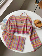 Comfortcana Plus Size Women Casual Striped Cropped T-Shirt,Fall Clothes For Women Colorful Knit Top,Autumn/Winter,Fall Clothes For Women Boho Knit Top Striped Knit Top,Vacation, Summer Knit Top,Slightly Sheer