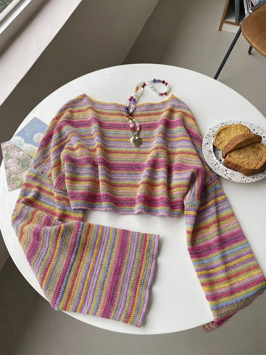 Comfortcana Plus Size Women Casual Striped Cropped T-Shirt,Fall Clothes For Women Colorful Knit Top,Autumn/Winter,Fall Clothes For Women Boho Knit Top Striped Knit Top,Vacation, Summer Knit Top,Slightly Sheer