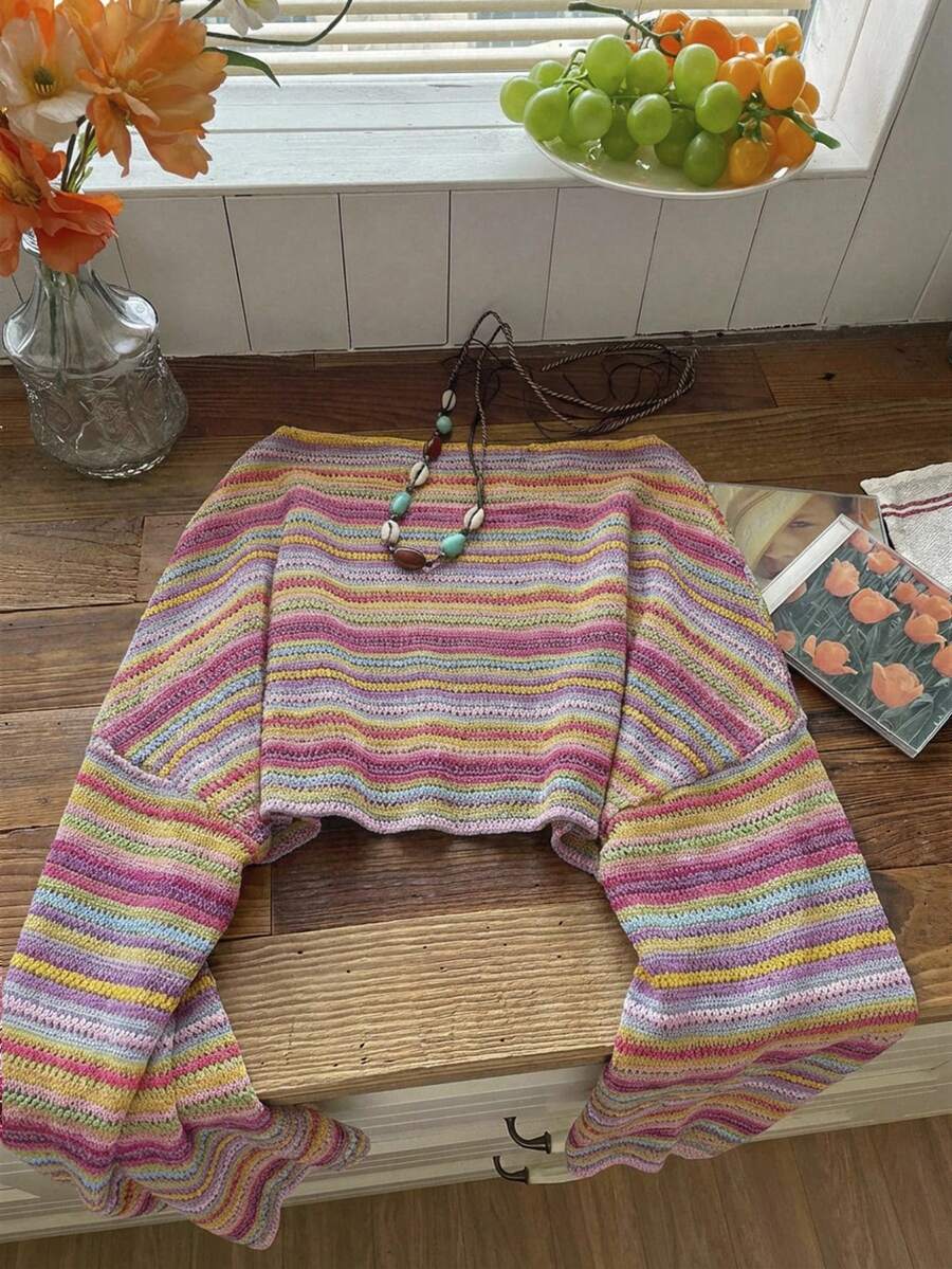 Comfortcana Plus Size Women Casual Striped Cropped T-Shirt,Fall Clothes For Women Colorful Knit Top,Autumn/Winter,Fall Clothes For Women Boho Knit Top Striped Knit Top,Vacation, Summer Knit Top,Slightly Sheer