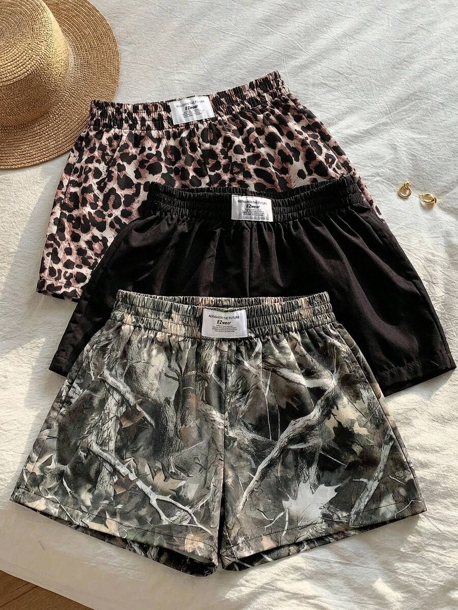 Comfortcana 3pcs Comfortable Women's Short Length Casual Shorts In Woven Fabric For Everyday Looks Shorts Pack Camo Print Shorts