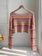 Comfortcana Plus Size Women Casual Striped Cropped T-Shirt,Fall Clothes For Women Colorful Knit Top,Autumn/Winter,Fall Clothes For Women Boho Knit Top Striped Knit Top,Vacation, Summer Knit Top,Slightly Sheer