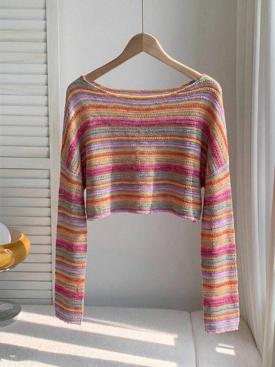 Comfortcana Plus Size Women Casual Striped Cropped T-Shirt,Fall Clothes For Women Colorful Knit Top,Autumn/Winter,Fall Clothes For Women Boho Knit Top Striped Knit Top,Vacation, Summer Knit Top,Slightly Sheer